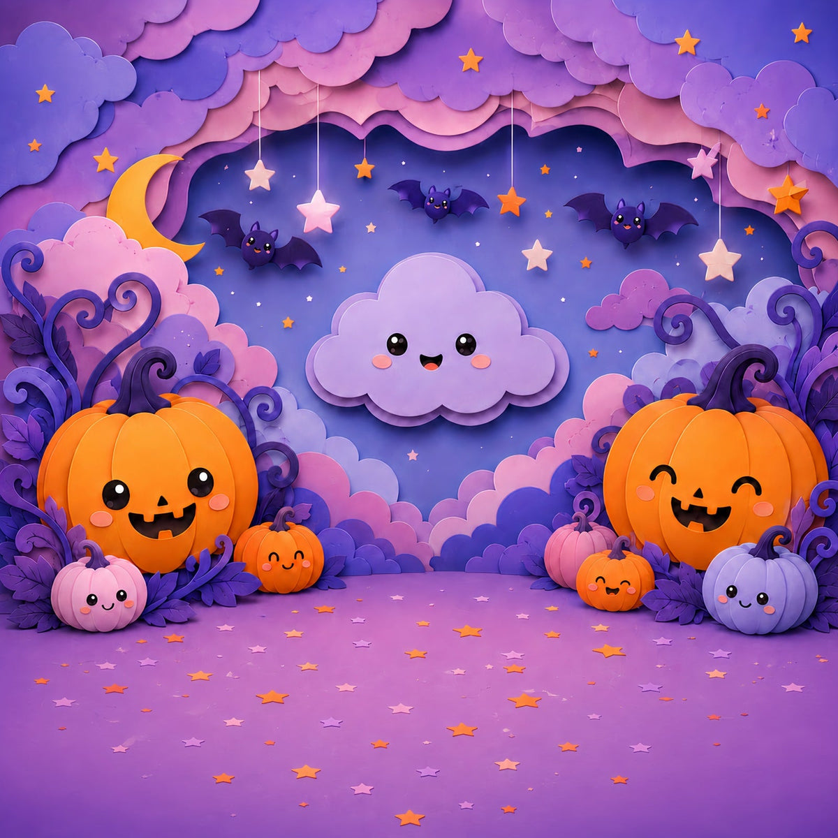 Niedlicher Halloween-Fotohintergrund Pastellfarbene Kürbiswolke Partyhintergrund Halloween LXX67-172