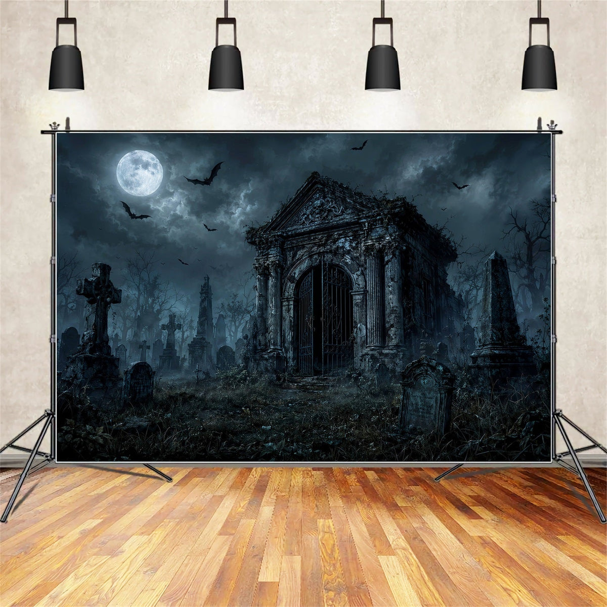 Individuell Gestaltete Halloween-KulisseMondbeschienener Gotischer Friedhof Mit Mausoleum LXX67-173