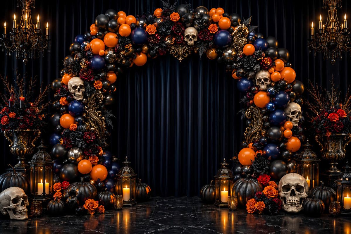 Halloween-Fotohintergrund-IdeenTotenkopf-Rosen-Ballonbogen Halloween-Fotohintergrund LXX67-174