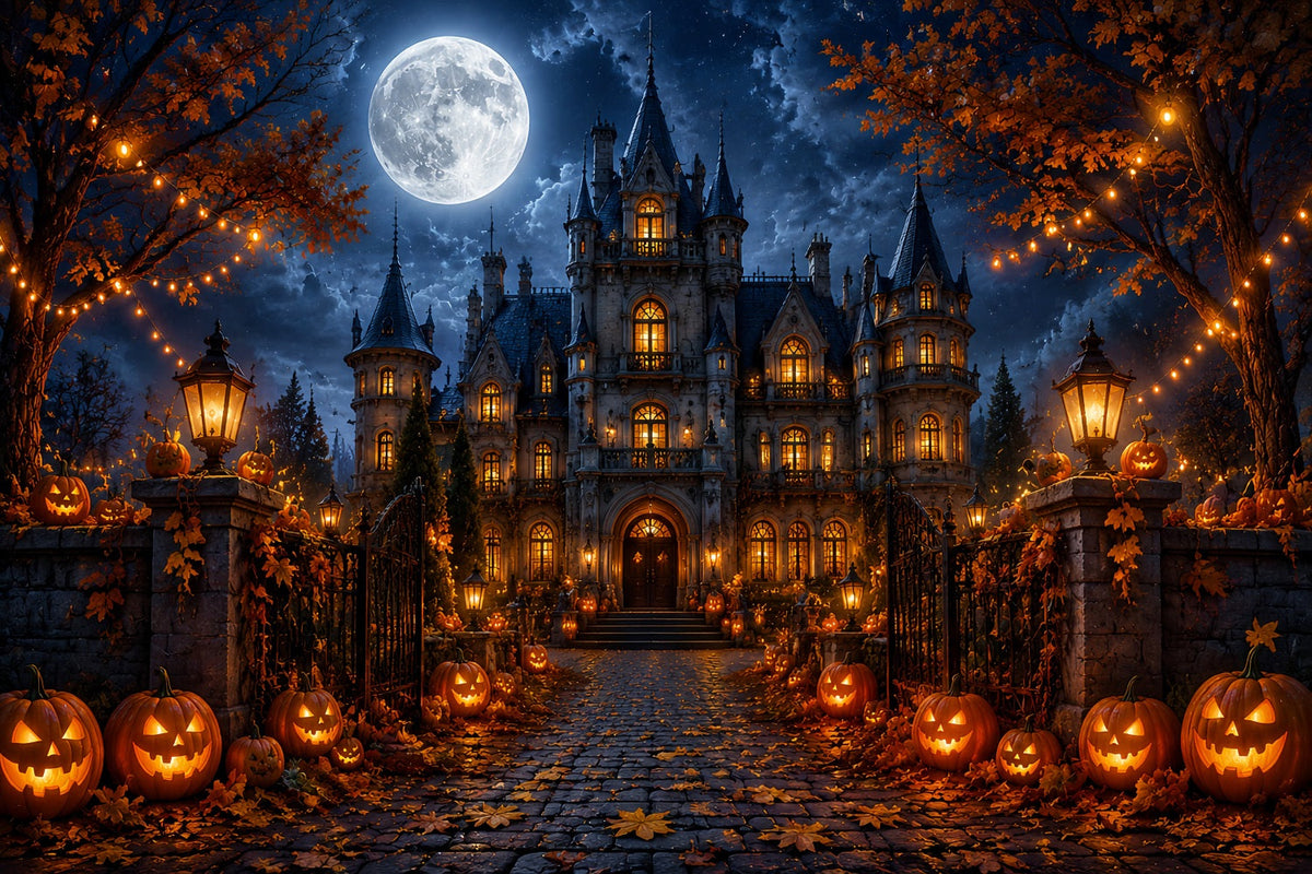 Herbstliche Halloween-KulisseMondbeschienenes Gotisches Herrenhaus Mit Kürbissen Gruselige Halloween-Kulissen LXX67-18