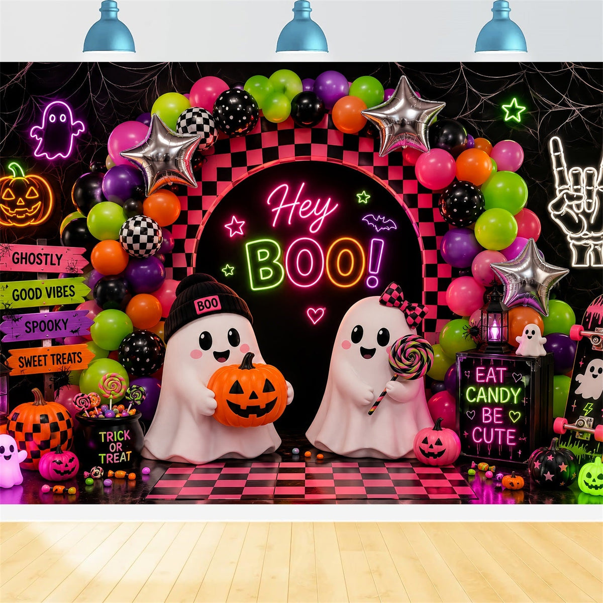Halloween-Hintergrund Für Fotobox Neon-Geisterballon-Party Niedlicher Halloween-Hintergrund LXX67-182