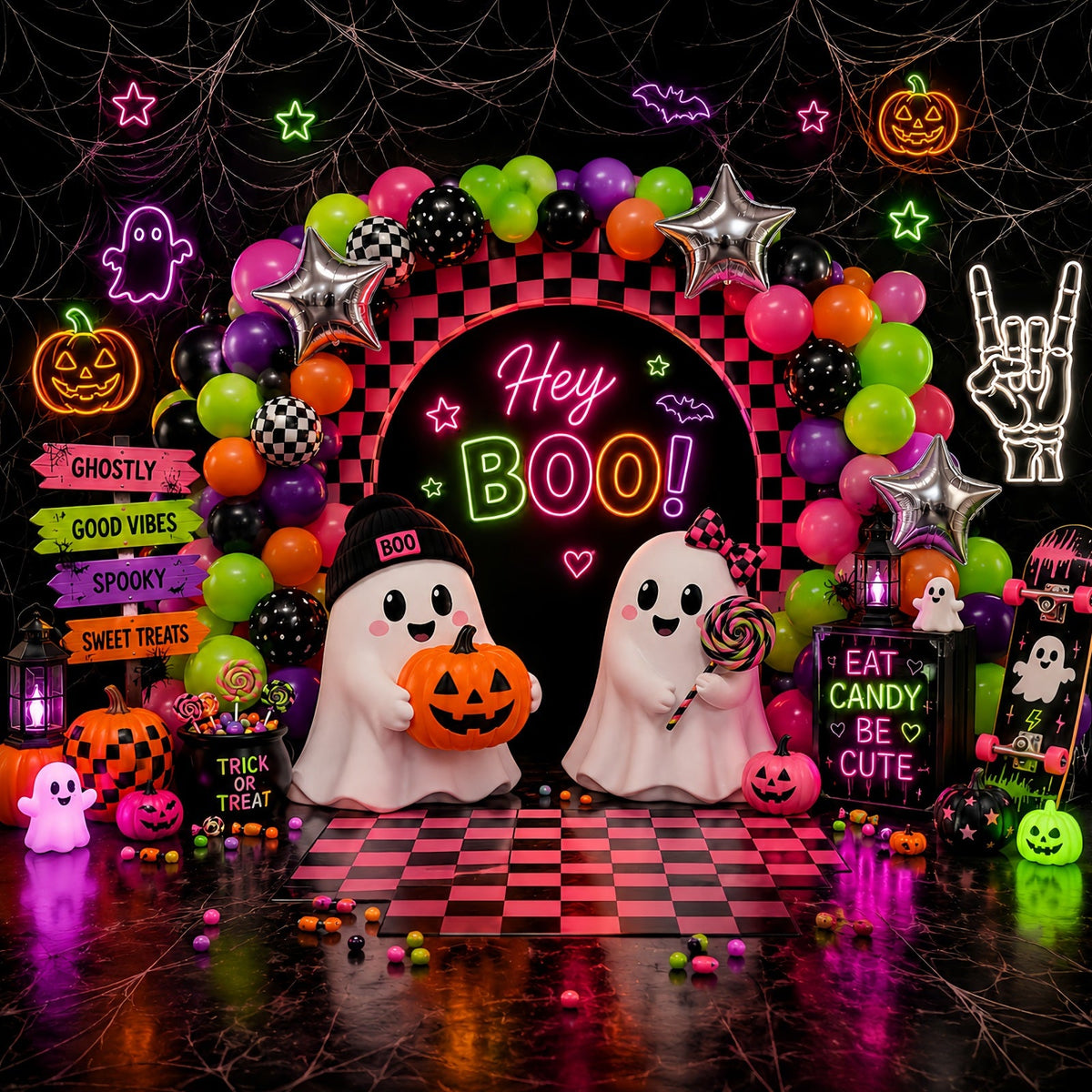 Halloween-Hintergrund Für Fotobox Neon-Geisterballon-Party Niedlicher Halloween-Hintergrund LXX67-182