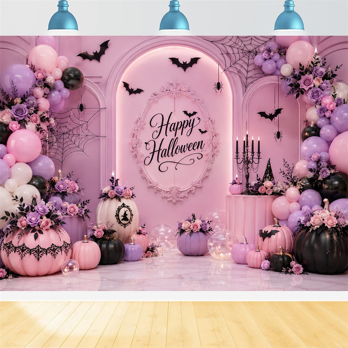 Halloween-Fotohintergrund Pastellkürbis-Blumenballonbogen Halloween-Geburtstagshintergrund LXX67-185