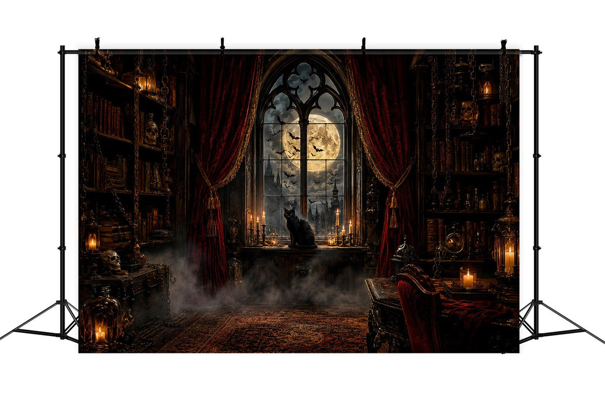 Gruselige Halloween-HintergrundideenMondbeschienene Gotische Katzenbibliothek Halloween-Fotoshooting-Hintergrund LXX67-187
