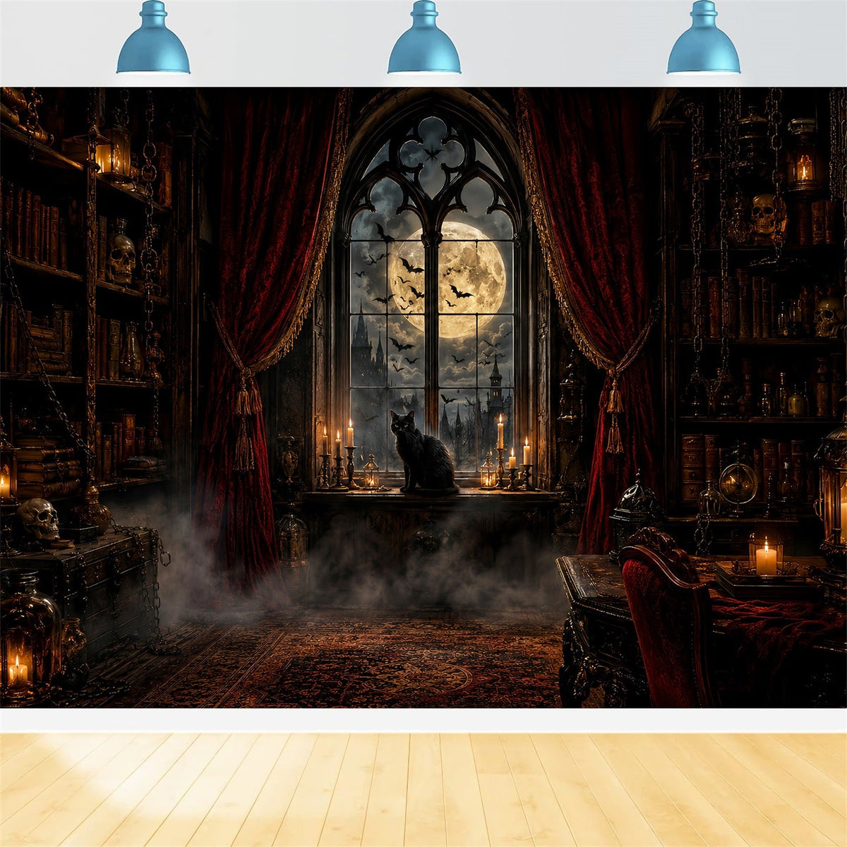 Gruselige Halloween-HintergrundideenMondbeschienene Gotische Katzenbibliothek Halloween-Fotoshooting-Hintergrund LXX67-187
