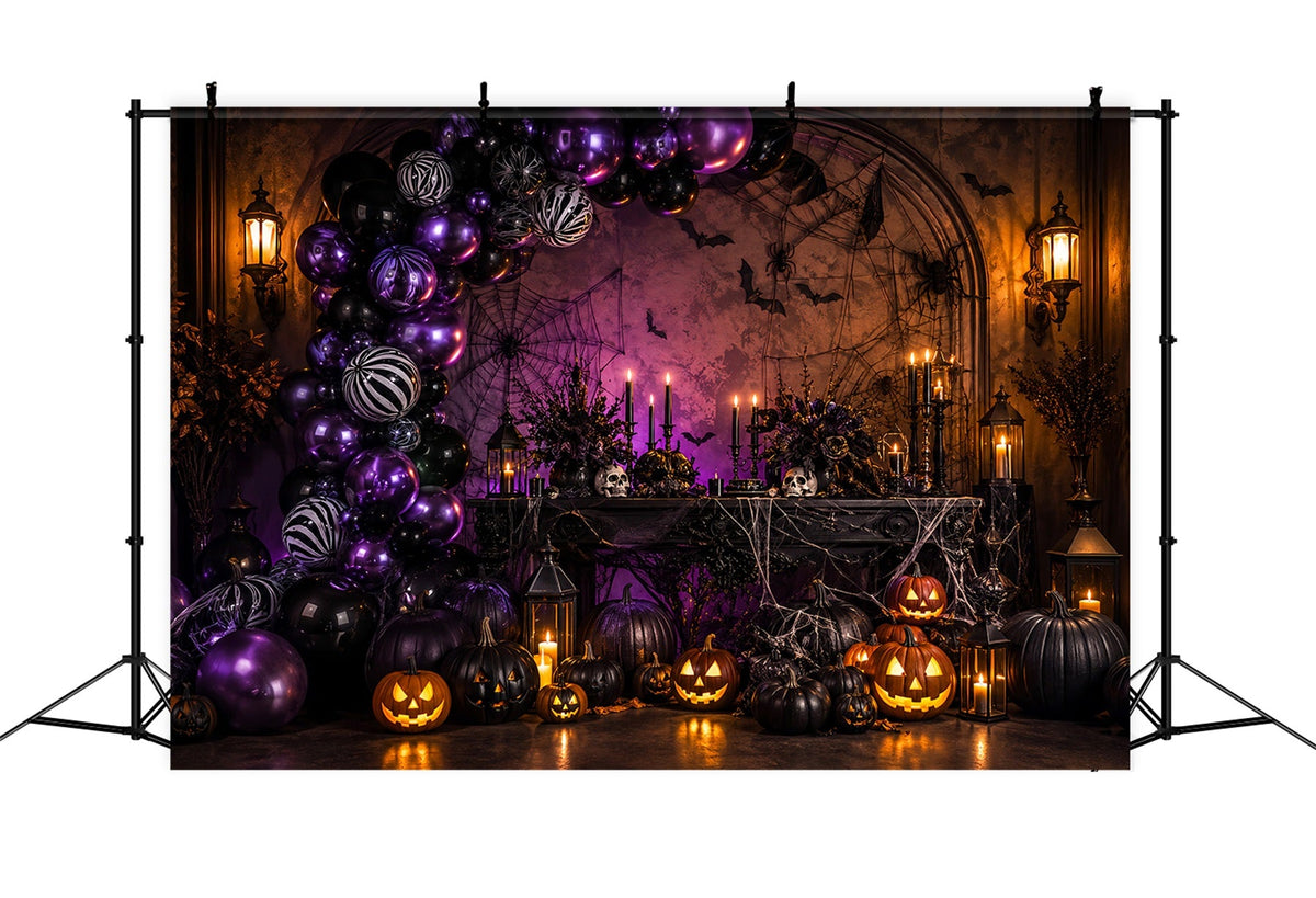 Halloween-Ballon-Hintergrund Lila Kürbis Spinnennetz Halloween-Themen-Hintergrund LXX67-189