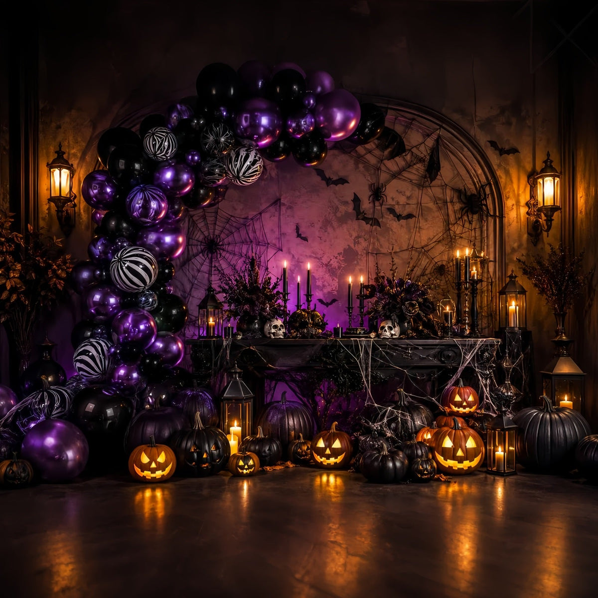 Halloween-Ballon-Hintergrund Lila Kürbis Spinnennetz Halloween-Themen-Hintergrund LXX67-189