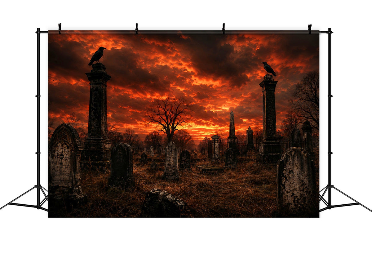 Halloween-Hintergrundideen Zum SelbermachenFeuriger Sonnenuntergang Rabenfriedhof Gruselige Hintergründe Für Halloween LXX67-190