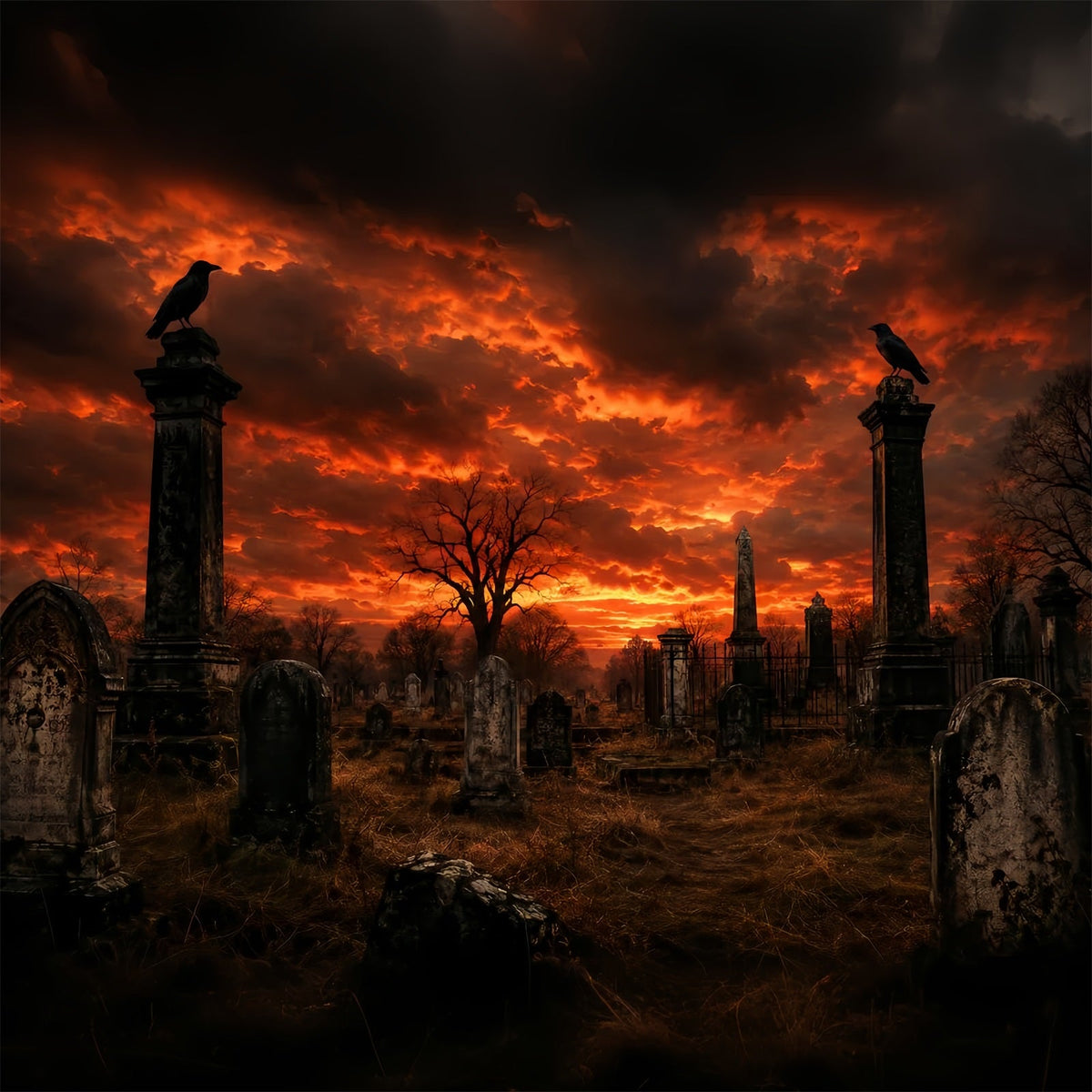 Halloween-Hintergrundideen Zum SelbermachenFeuriger Sonnenuntergang Rabenfriedhof Gruselige Hintergründe Für Halloween LXX67-190
