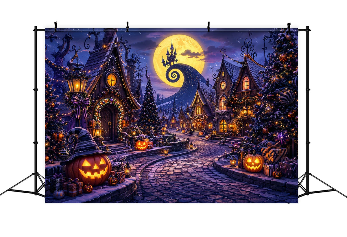 Fotohintergründe Halloween Mondlicht Kürbis Weihnachtsdorf Halloween Stadt Hintergrund LXX67-196