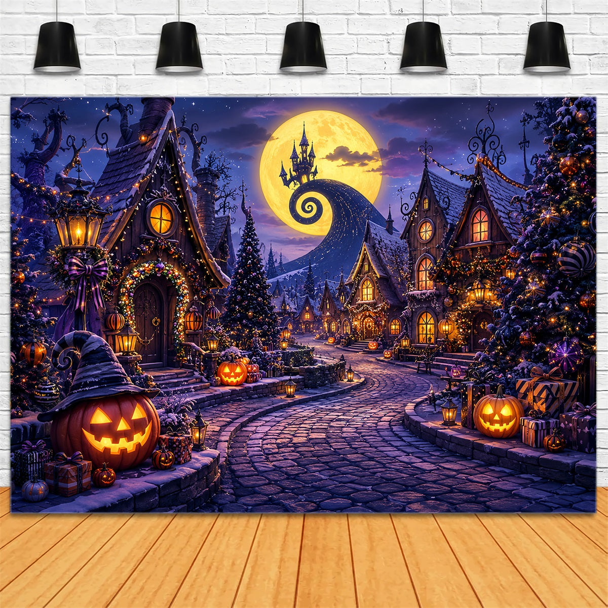 Fotohintergründe Halloween Mondlicht Kürbis Weihnachtsdorf Halloween Stadt Hintergrund LXX67-196