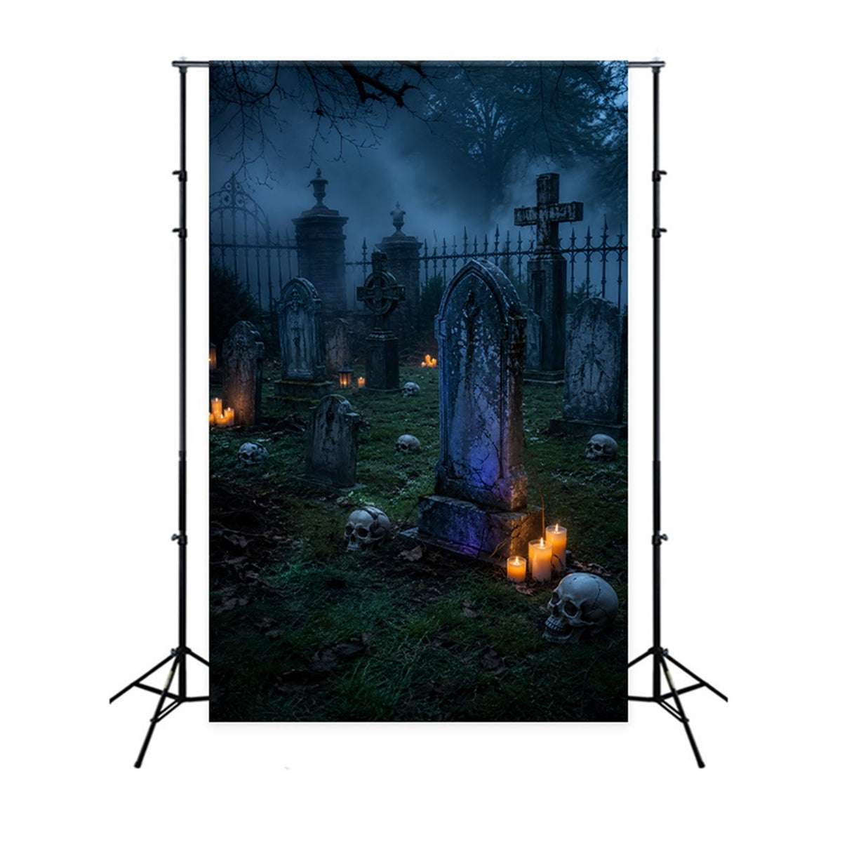 Halloween-Stoffhintergrund Nebliger Totenkopf Im Kerzenschein Friedhof Halloween-Hintergründe LXX67-202