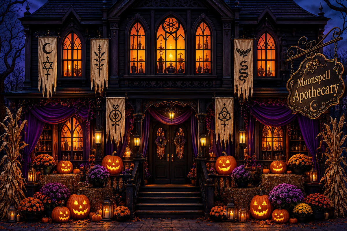 Halloween-FotohintergrundGotische Kürbis-Apothekerfassade Diy-Halloween-Fotohintergrund LXX67-209