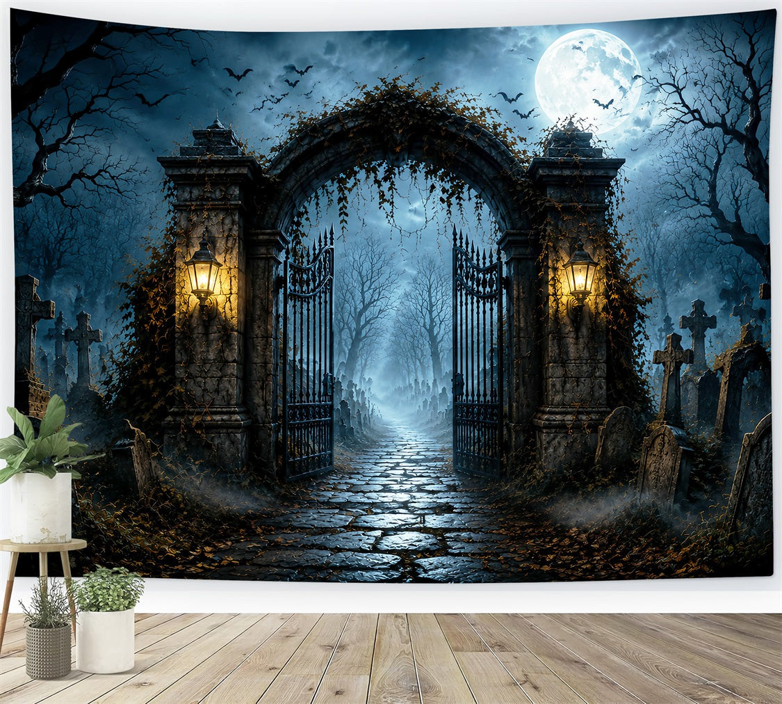 Halloween-FotohintergrundMondbeschienener Friedhof Mit Eisentor Fotohintergrund Für Halloween-Partys LXX67-21