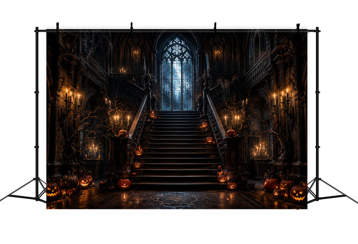 Spukhaus-Kulisse Kerzenbeleuchteter Kürbis Gotische Treppe Halloween-Kulisse LXX67-210