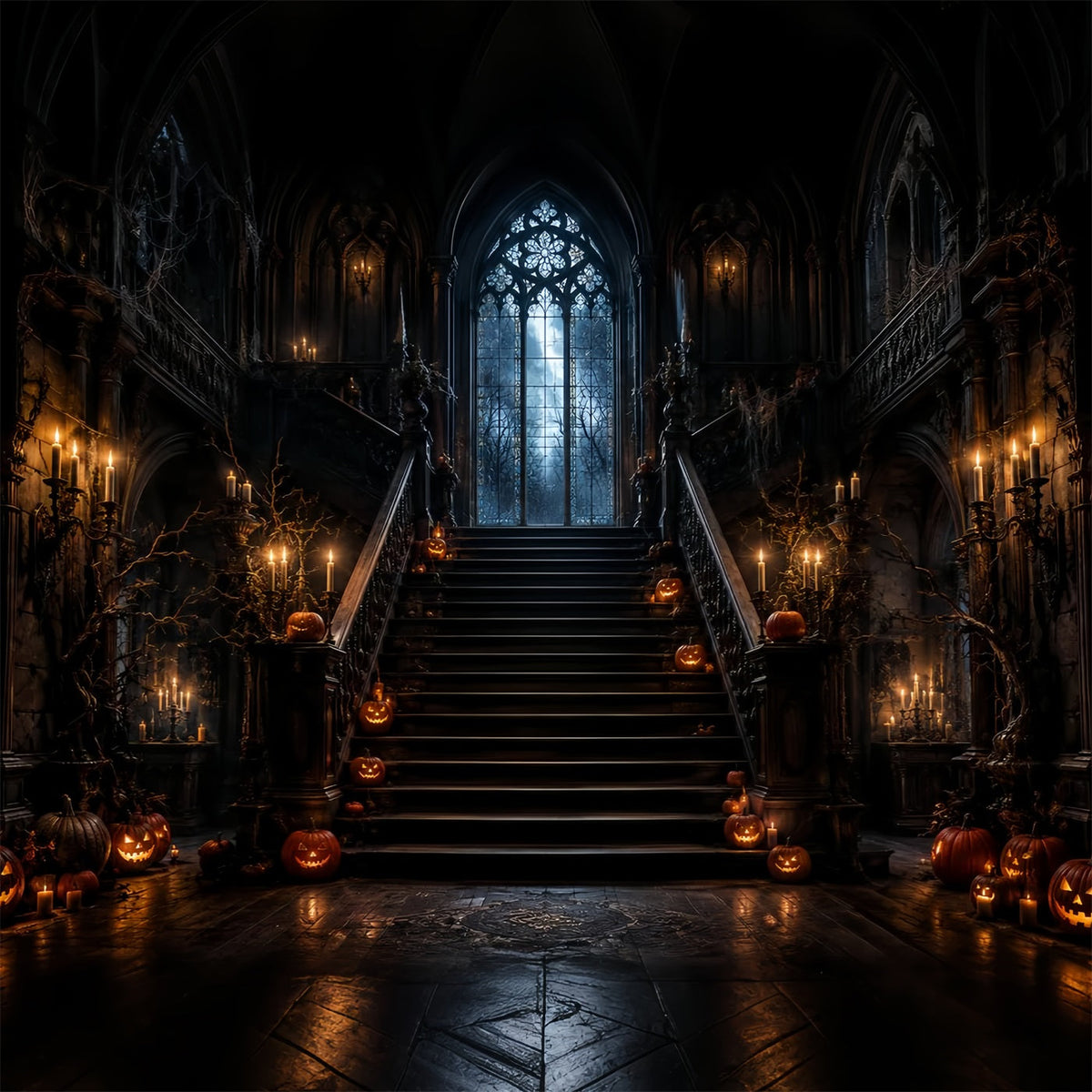 Spukhaus-Kulisse Kerzenbeleuchteter Kürbis Gotische Treppe Halloween-Kulisse LXX67-210