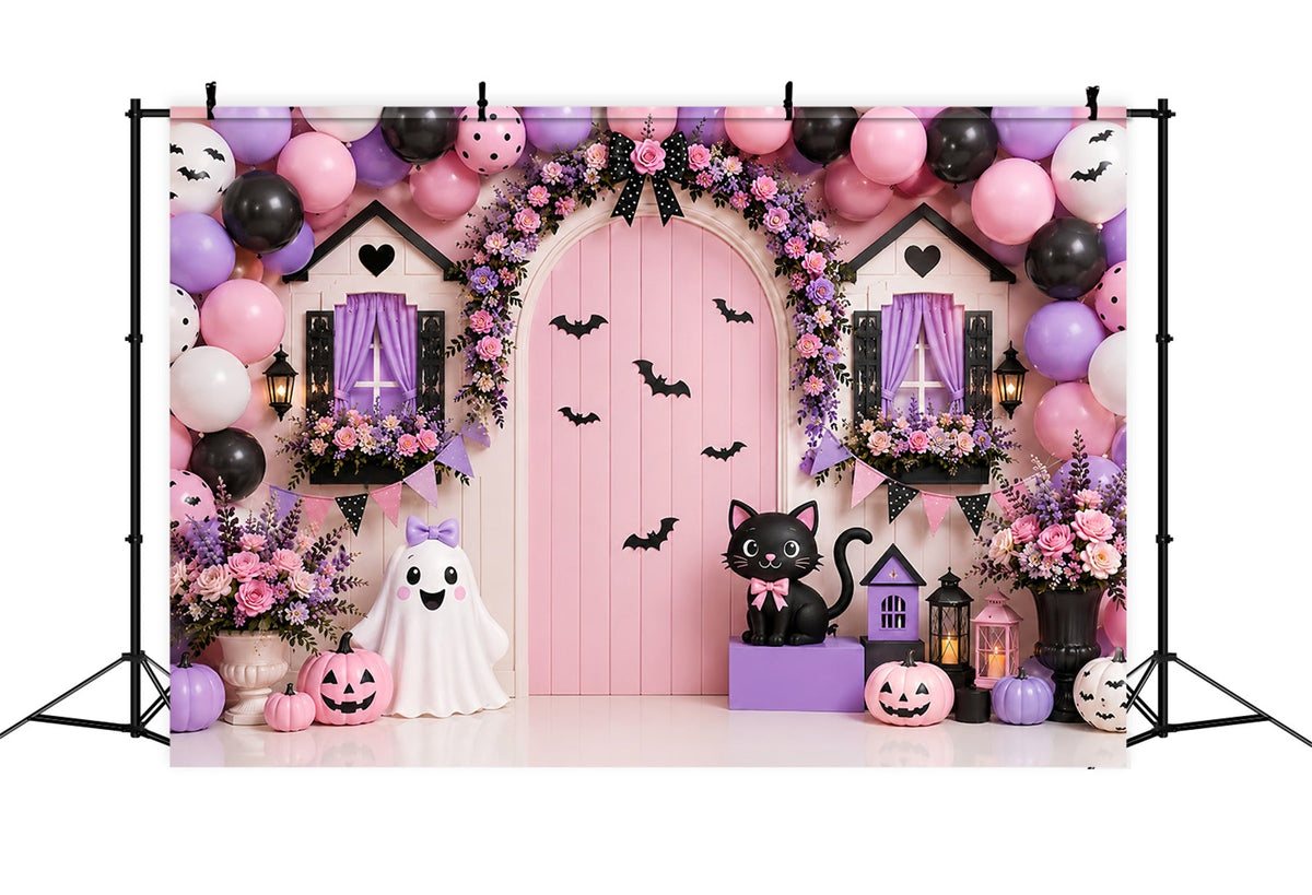 Kürbisbeet-Hintergrund Rosa Blumen Geistertür Halloween-Fotohintergrund LXX67-212