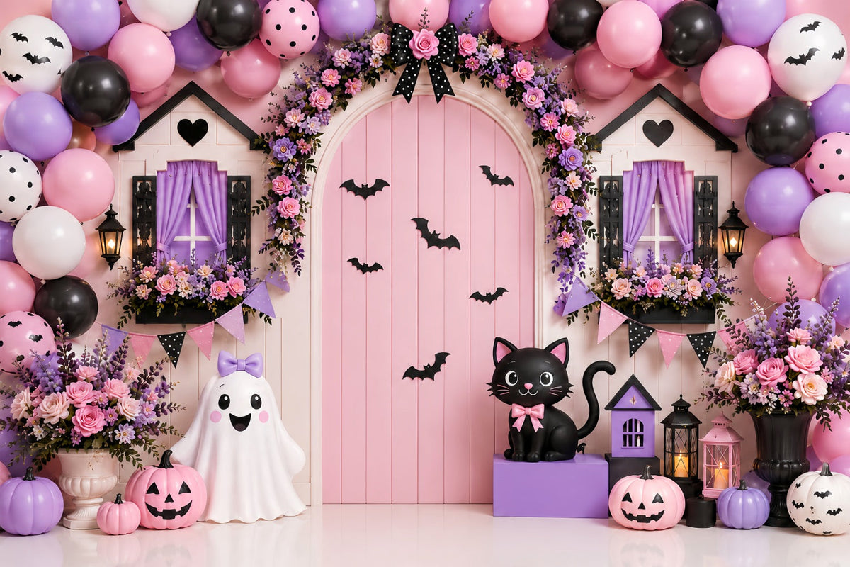 Kürbisbeet-Hintergrund Rosa Blumen Geistertür Halloween-Fotohintergrund LXX67-212