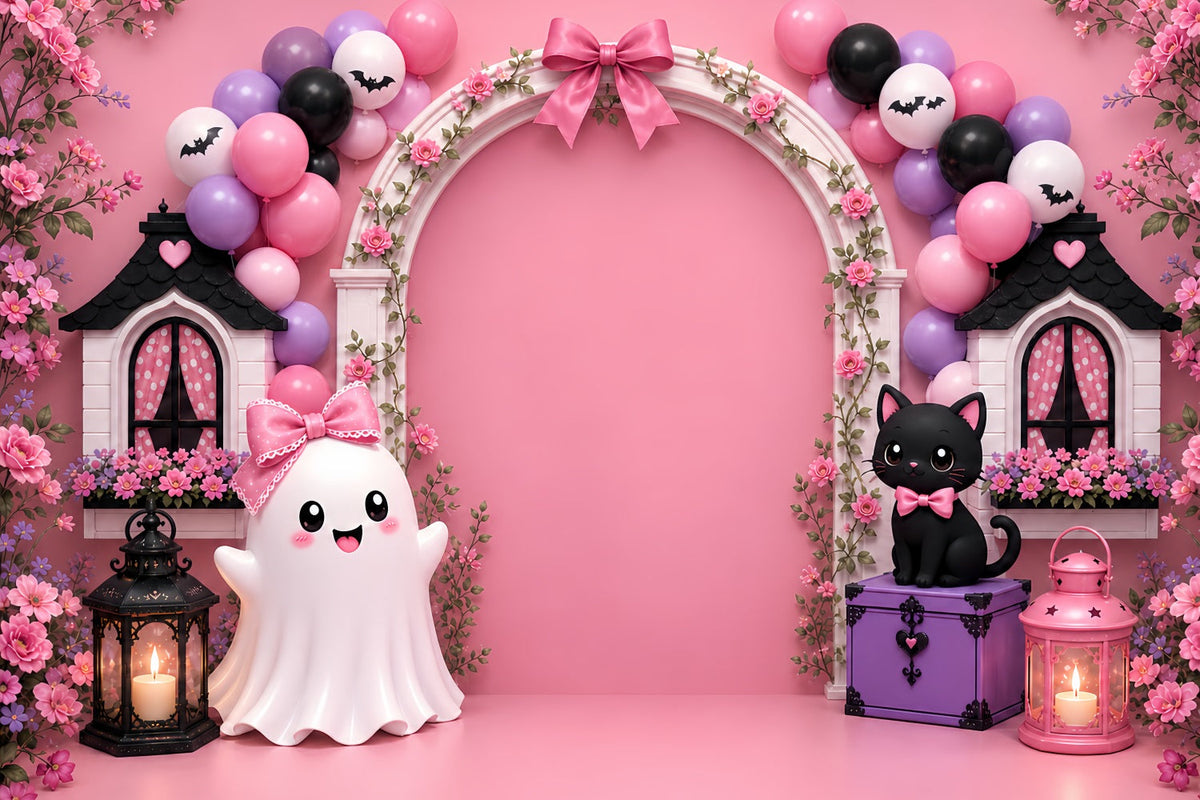 Kürbisbeet-Hintergrund Fliege Geist Katze Bogen Halloween-Fotohintergrund LXX67-213