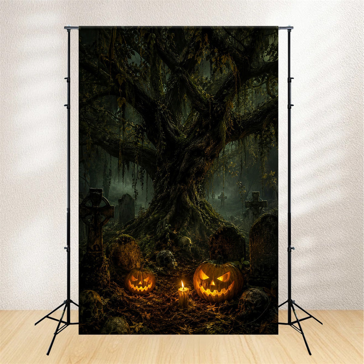 Friedhofskulisse Mit Moosschädel Und Kürbis Halloween-Fotohintergrund LXX67-215