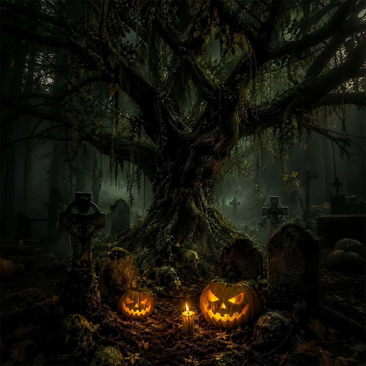 Friedhofskulisse Mit Moosschädel Und Kürbis Halloween-Fotohintergrund LXX67-215