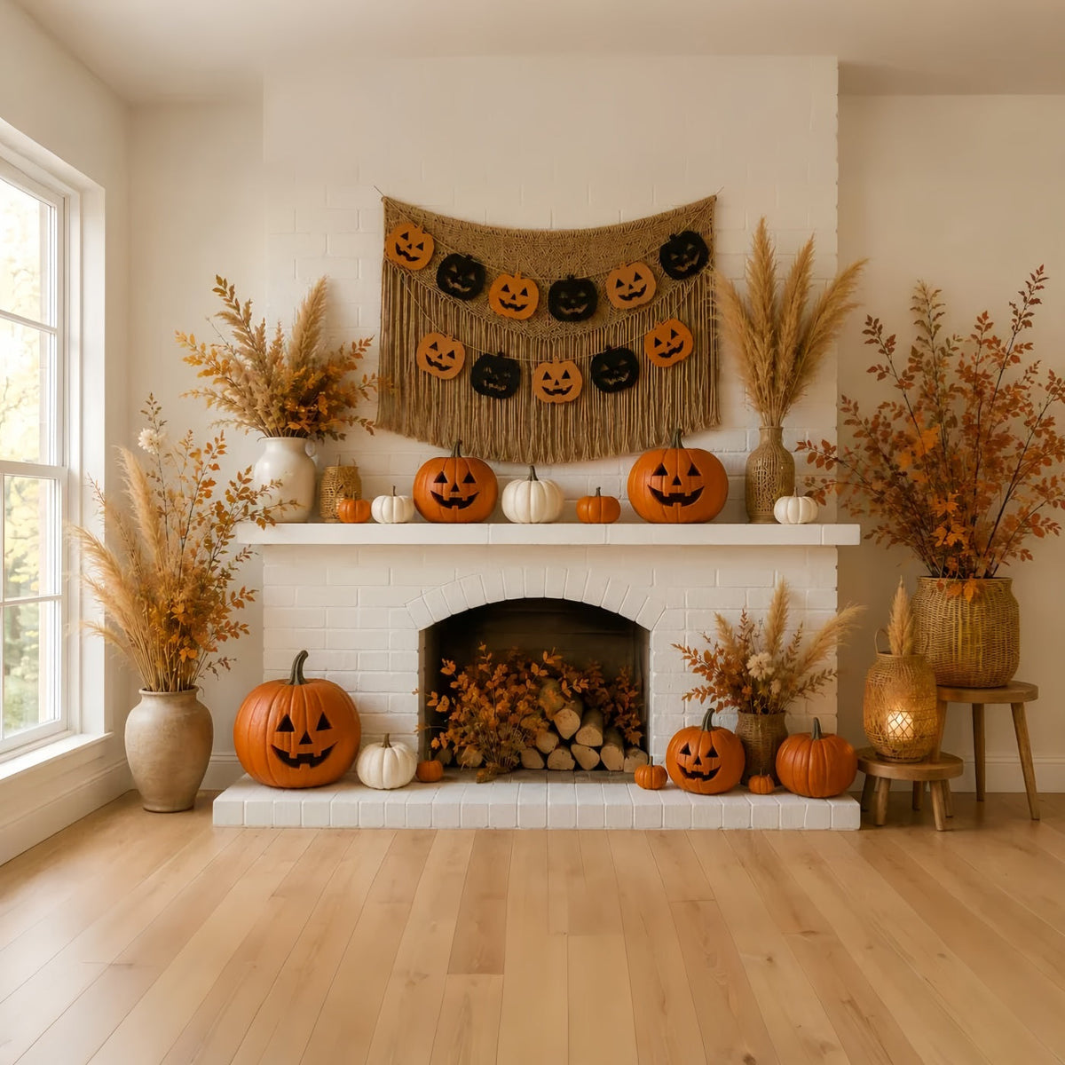Kürbis-Hintergrund Herbstliche Gemütliche Kaminsims-Halloween-Hintergrundideen LXX67-216
