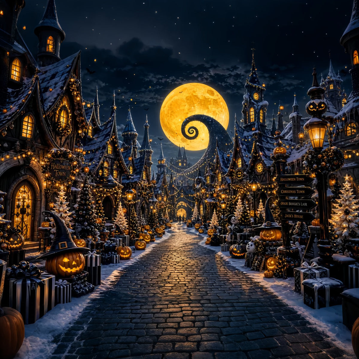 Halloween-Dorf-Hintergrund Spiralmond-Kürbis-Fotokabinen-Hintergrund LXX67-220