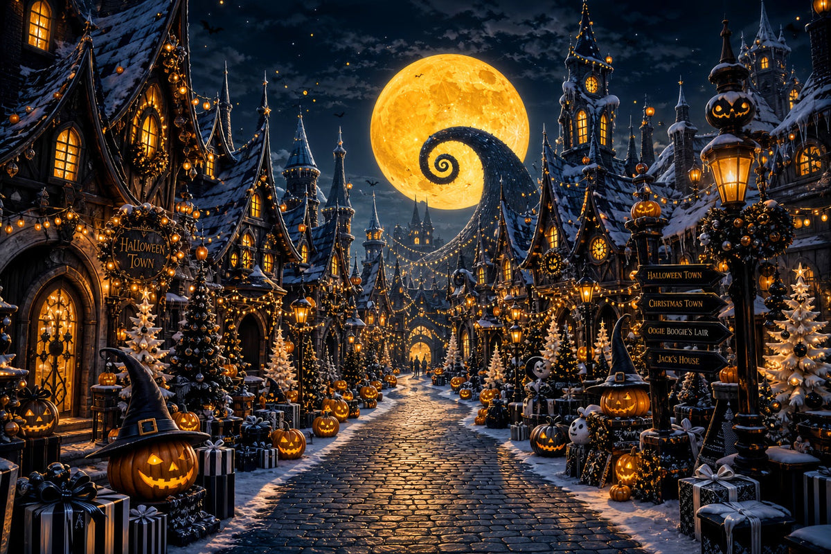Halloween-Dorf-Hintergrund Spiralmond-Kürbis-Fotokabinen-Hintergrund LXX67-220
