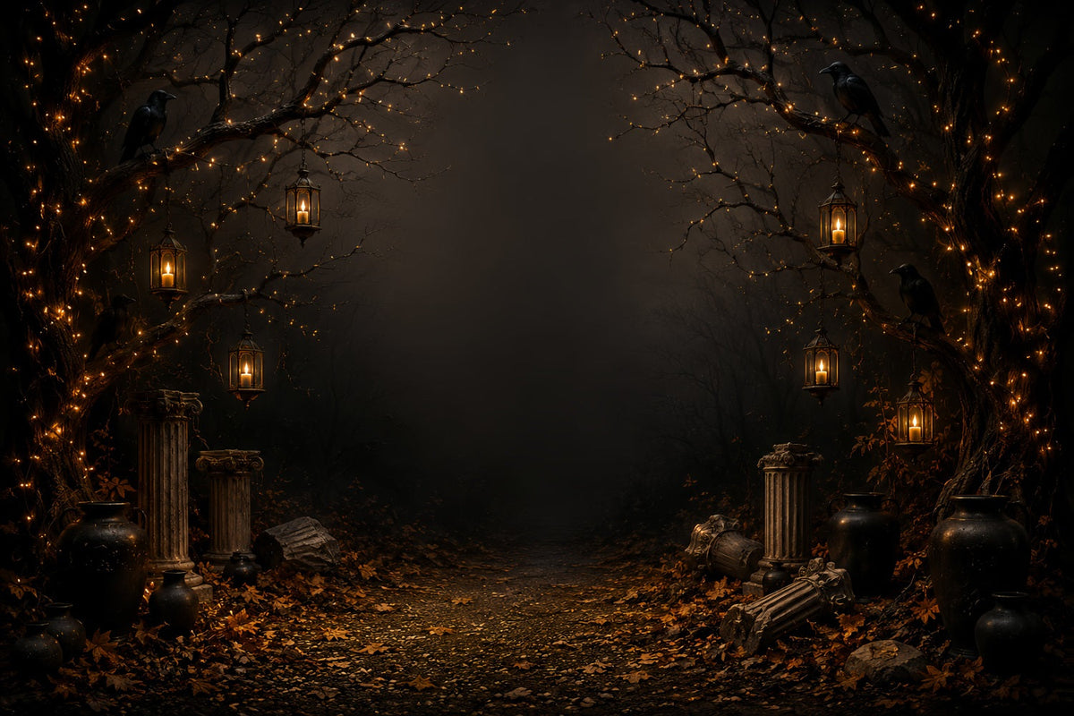 Geisterhafte Kulisse Kerzenlicht Rabe Waldweg Gothic-Fotohintergrund LXX67-221