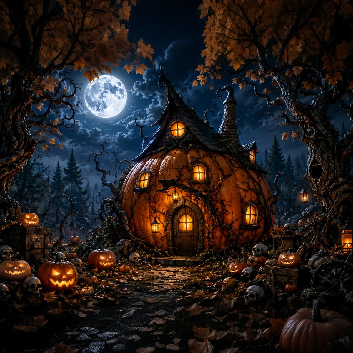Magischer Wald-Hintergrund Mondschein-Kürbis Hexenhütte Halloween-Fotohintergründe LXX67-222