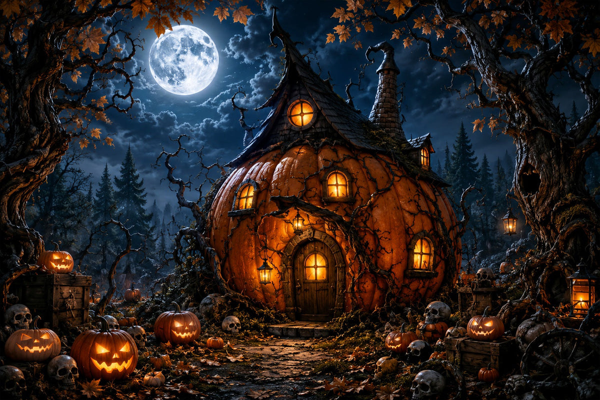 Magischer Wald-Hintergrund Mondschein-Kürbis Hexenhütte Halloween-Fotohintergründe LXX67-222