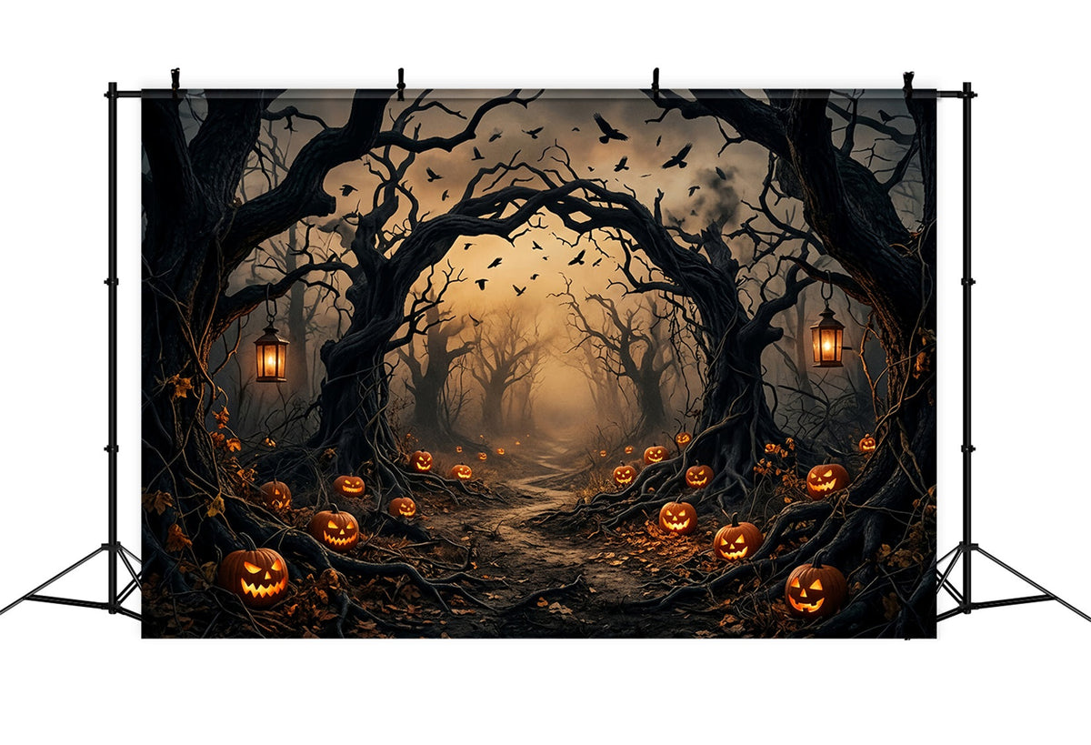 Gruseliger Waldhintergrund Kürbis Verdrehte Bäume Schauriger Halloween-Hintergrund LXX67-224