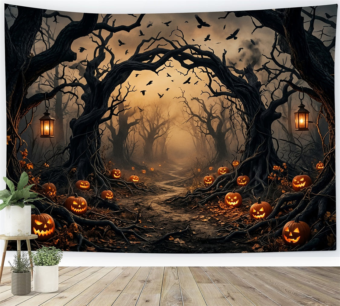 Gruseliger Waldhintergrund Kürbis Verdrehte Bäume Schauriger Halloween-Hintergrund LXX67-224