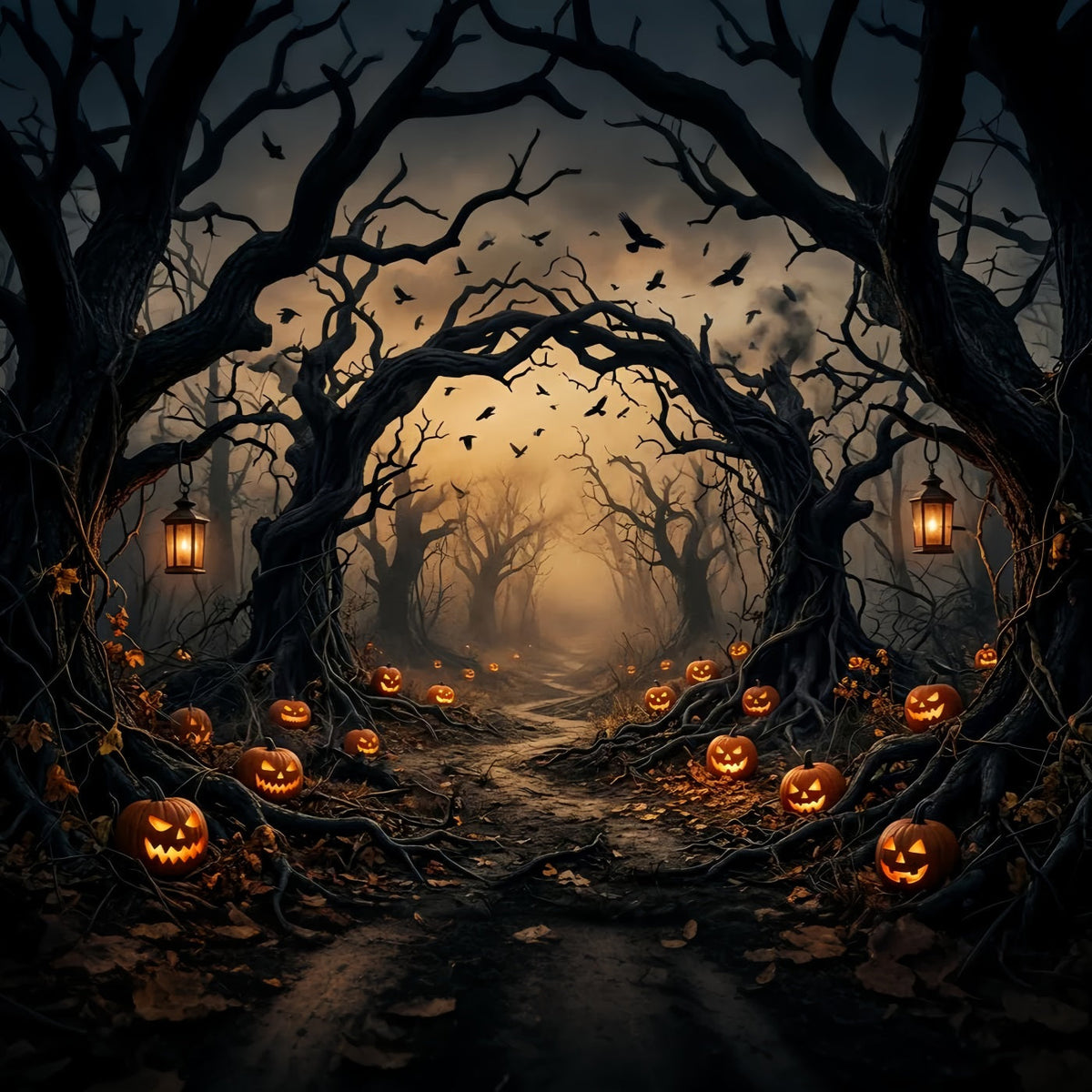 Gruseliger Waldhintergrund Kürbis Verdrehte Bäume Schauriger Halloween-Hintergrund LXX67-224