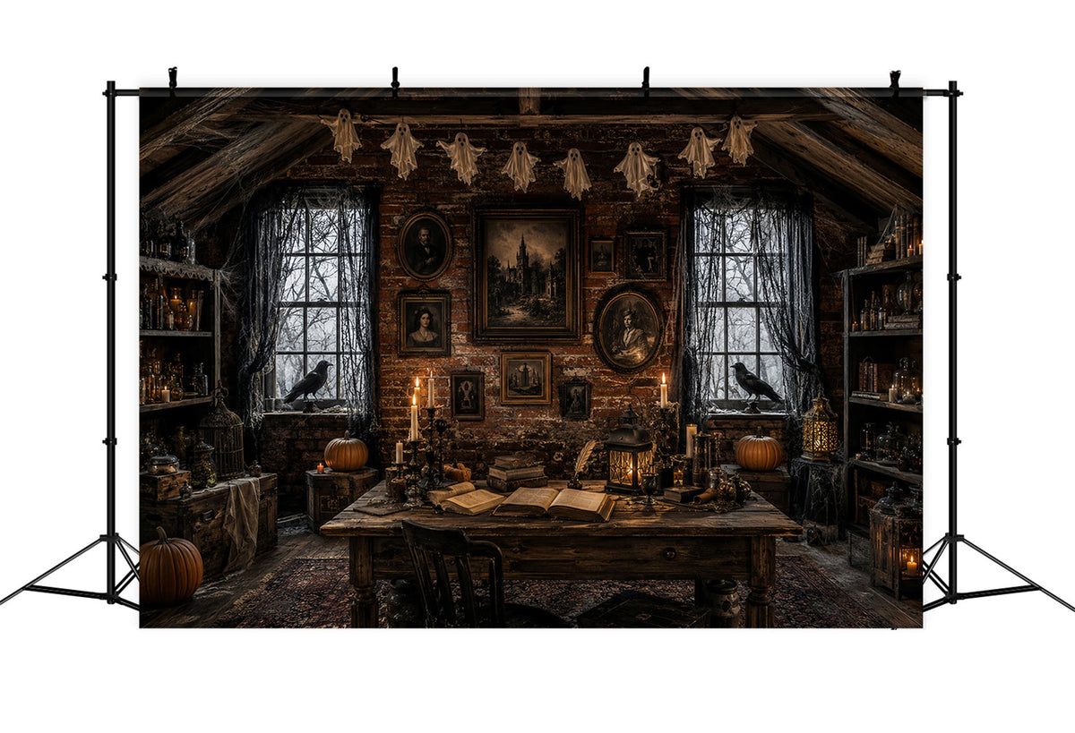 Spukhaus-Hintergründe Rabenporträt Im Kerzenlicht Dachboden-Hintergründe Für Halloween-Fotos LXX67-228