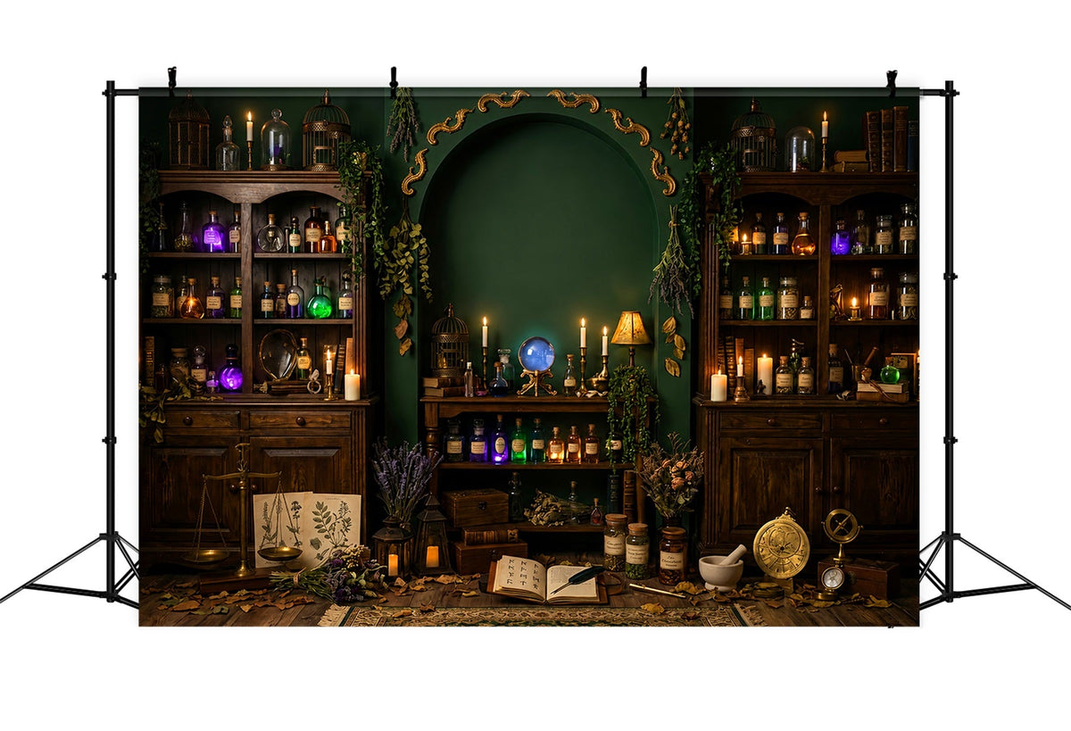 Spukbibliothek-Kulisse Smaragdgrüne Hexenapothekenkammer Große Halloween-Kulisse LXX67-234