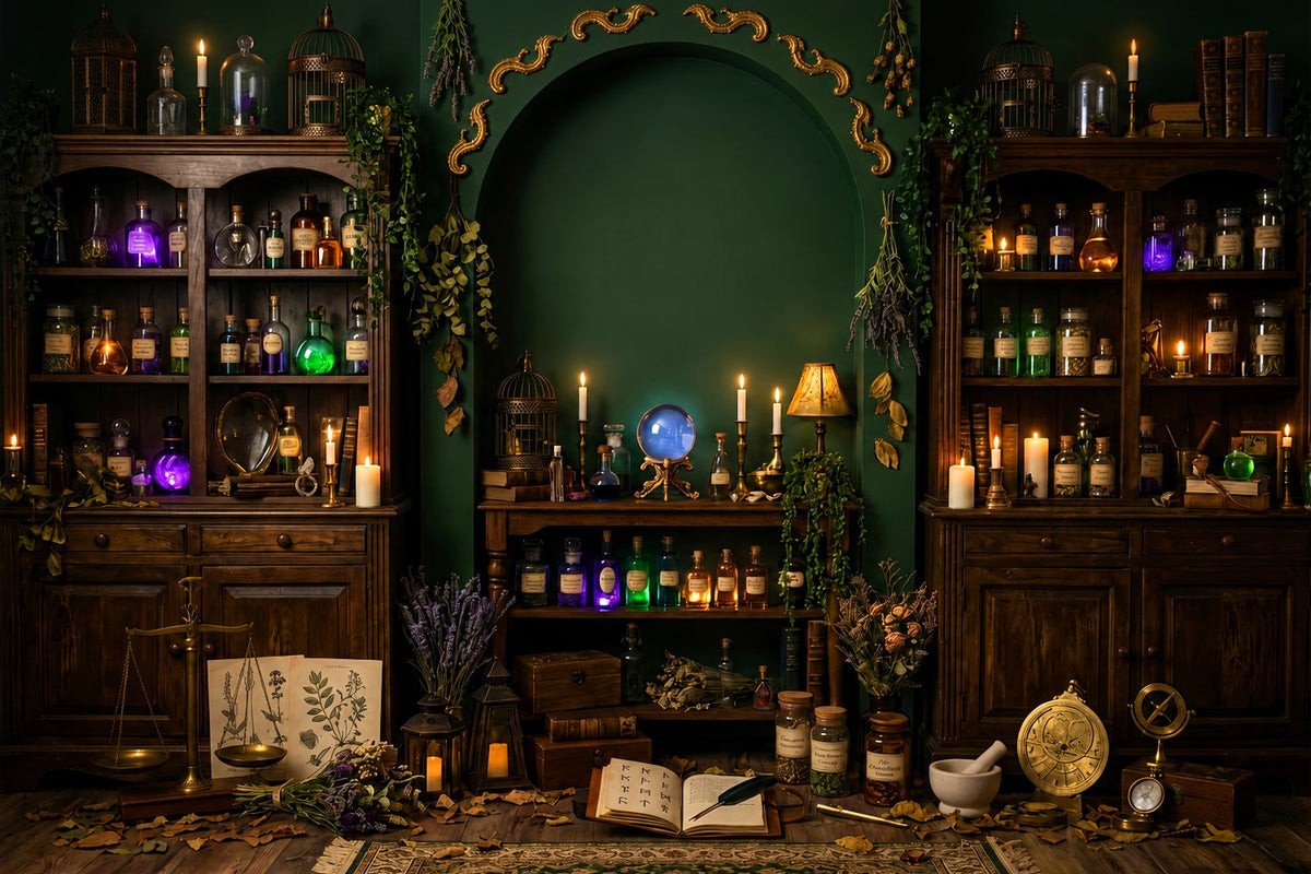 Spukbibliothek-Kulisse Smaragdgrüne Hexenapothekenkammer Große Halloween-Kulisse LXX67-234