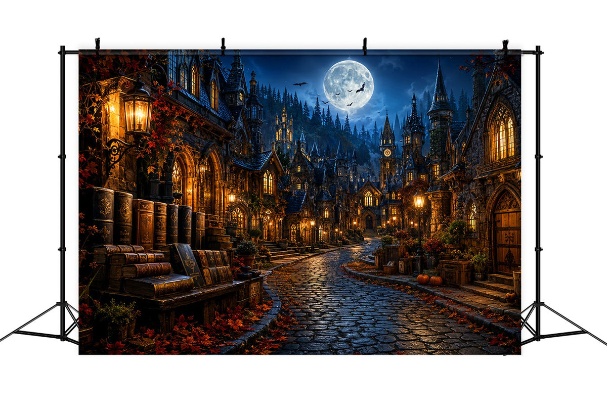 Halloweentown-Kulisse Mondbeschienene Gotische Buchhandlung Dorf Gruselige Halloween-Kulissen LXX67-236