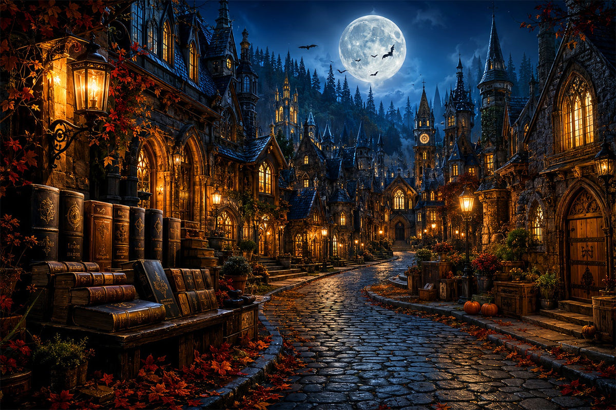 Halloweentown-Kulisse Mondbeschienene Gotische Buchhandlung Dorf Gruselige Halloween-Kulissen LXX67-236
