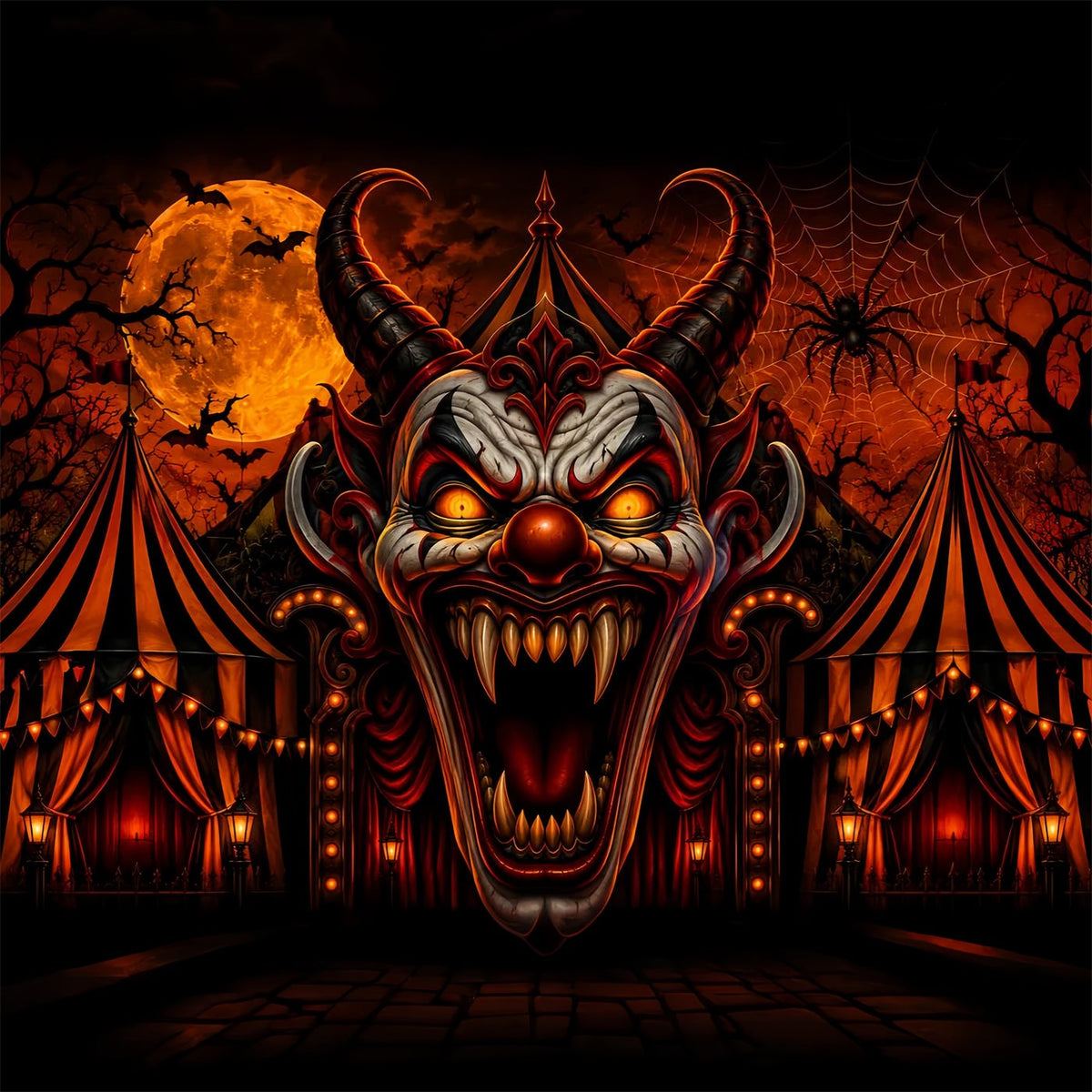 Gruselige Zirkuskulisse Dämonischer Clown Karnevalstor Schaurige Halloween-Kulisse LXX67-237