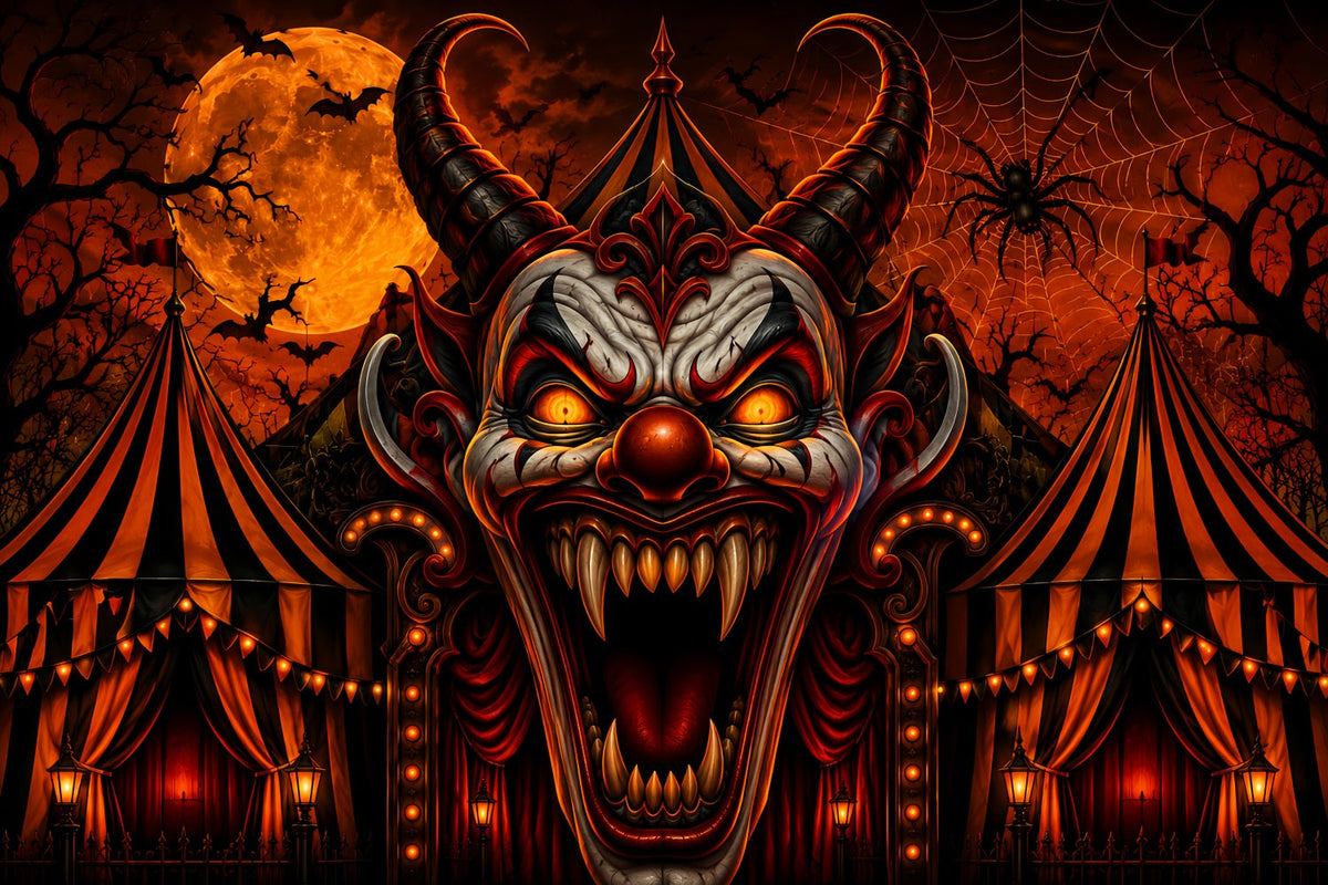 Gruselige Zirkuskulisse Dämonischer Clown Karnevalstor Schaurige Halloween-Kulisse LXX67-237