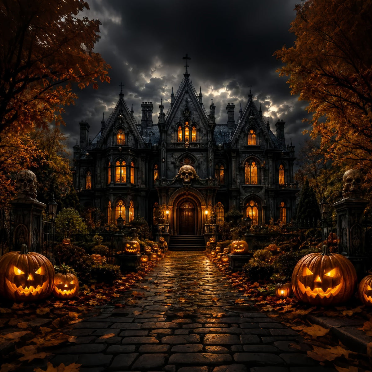 Fotohintergrund Spukvilla Eingang Zum Herrenhaus Stormy Skull Gruselige Hintergründe LXX67-238