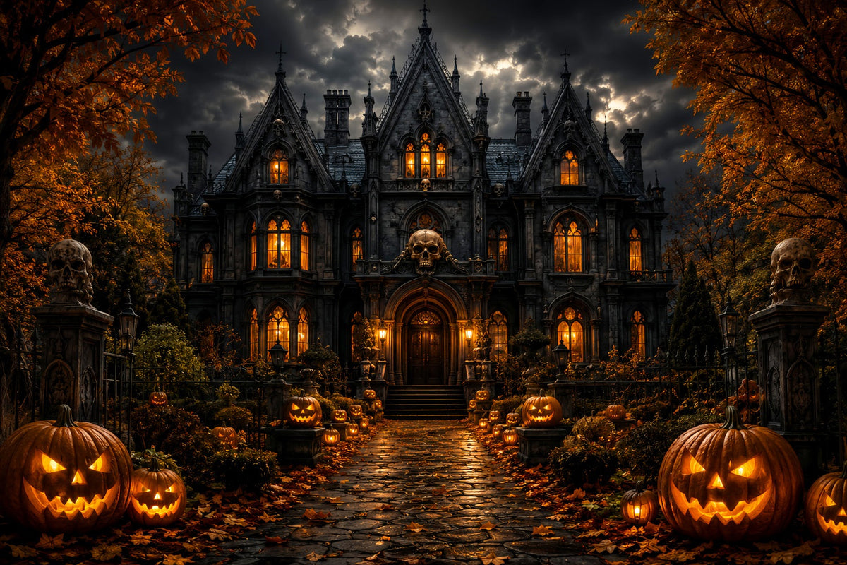 Fotohintergrund Spukvilla Eingang Zum Herrenhaus Stormy Skull Gruselige Hintergründe LXX67-238