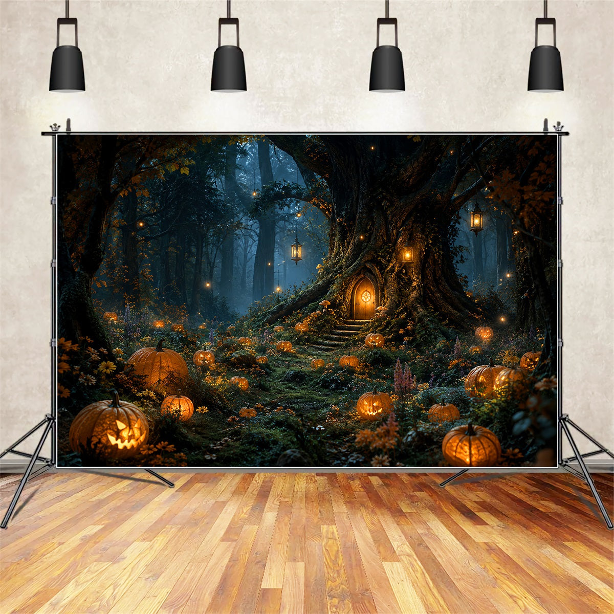 Gruseliger Waldhintergrund Laternenbeleuchteter Kürbisbaum Hütte Halloween-Fotografie-Hintergrund LXX67-239