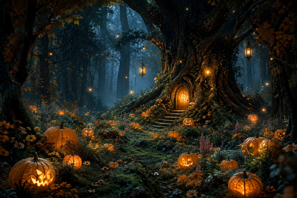 Gruseliger Waldhintergrund Laternenbeleuchteter Kürbisbaum Hütte Halloween-Fotografie-Hintergrund LXX67-239