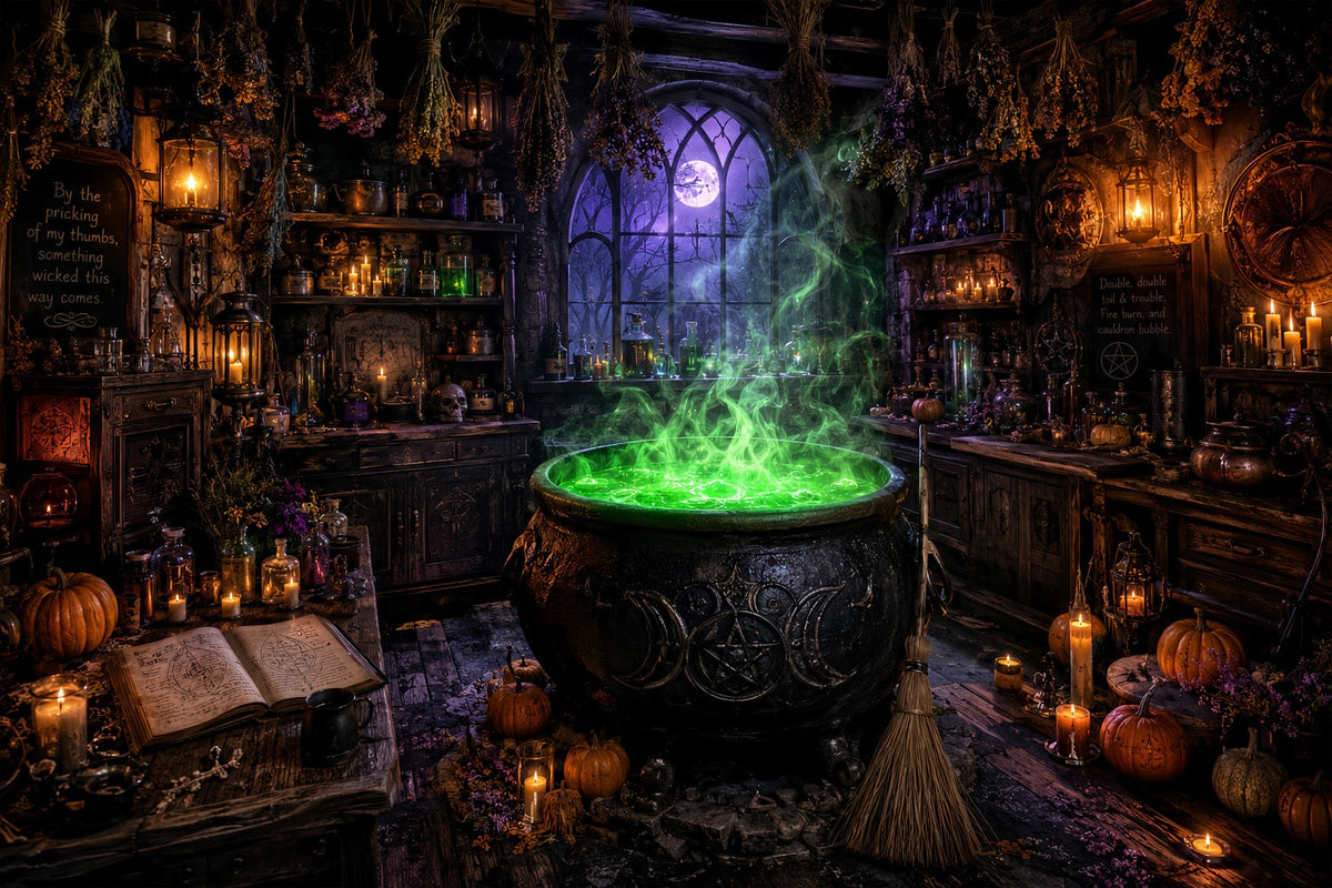 Halloween-Hexen-Hintergrund Grüner Kessel Werkstatt Halloween-Party-Fotohintergrund LXX67-241