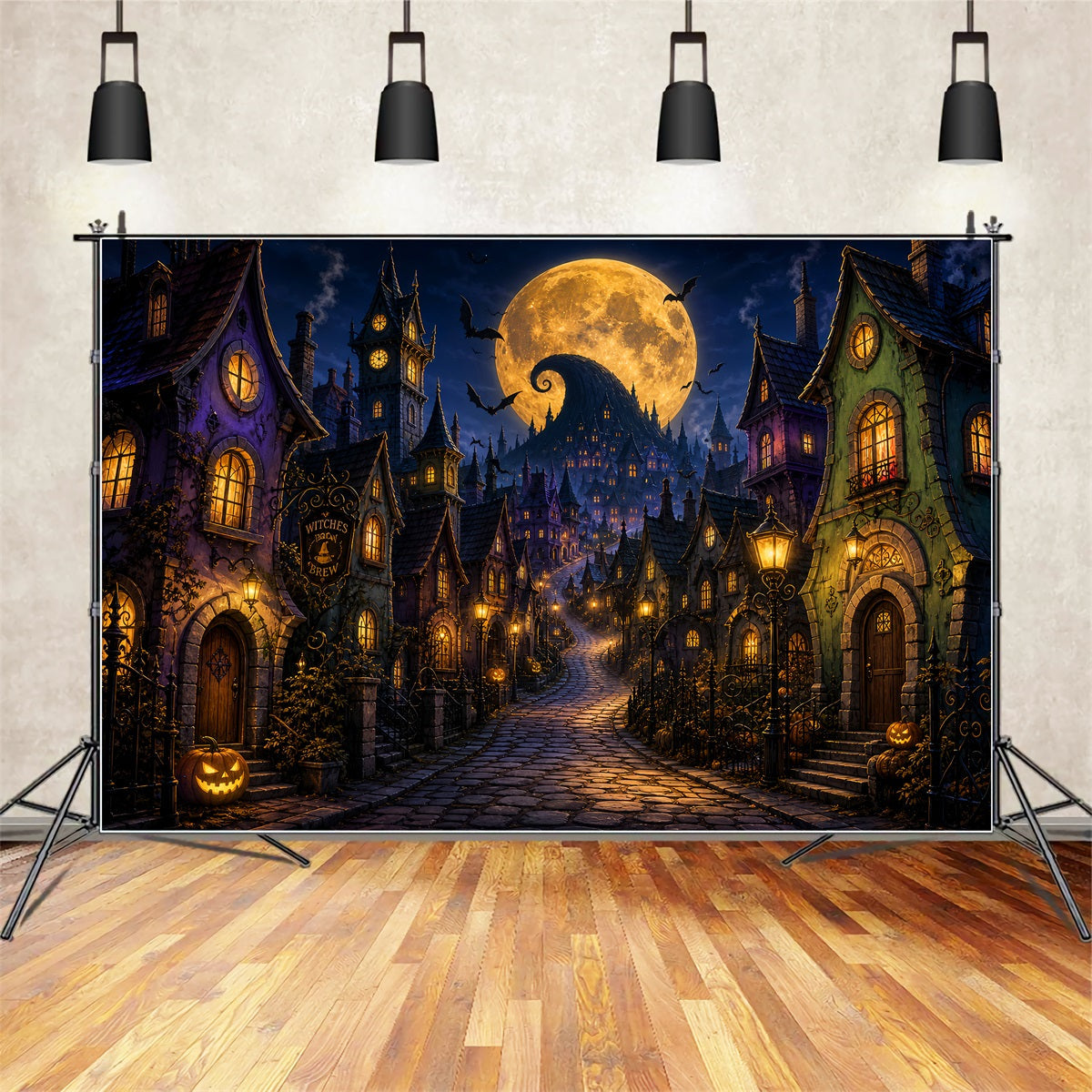 Halloween-Stadt-Kulisse Goldener Mond Hexendorf-Fotohintergrund Halloween LXX67-243