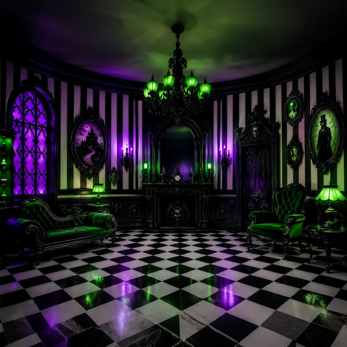 Halloween-Spukhaus-Kulisse Lila Grün Gothic Salon Gruselige Kulisse LXX67-245