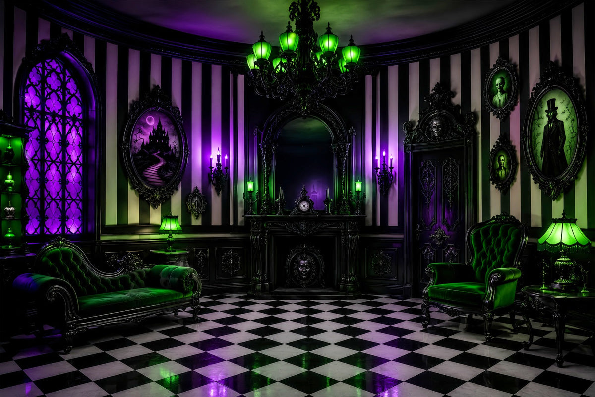 Halloween-Spukhaus-Kulisse Lila Grün Gothic Salon Gruselige Kulisse LXX67-245