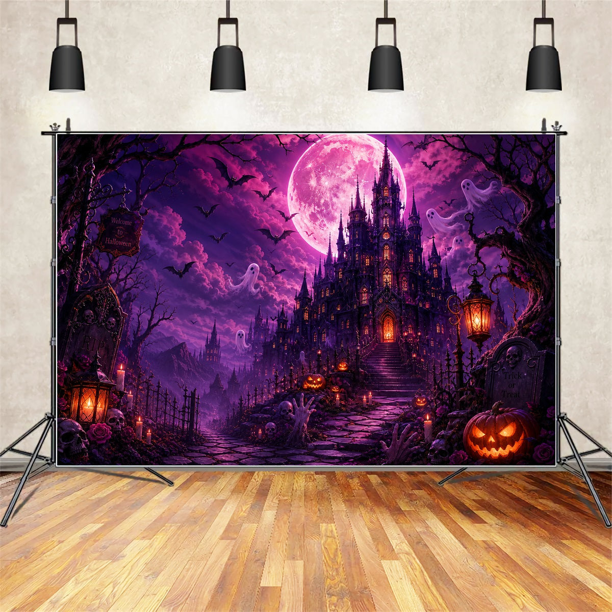 Friedhof-Halloween-Kulissen Lila Mond Geisterschloss Rosa Halloween-Kulisse LXX67-248